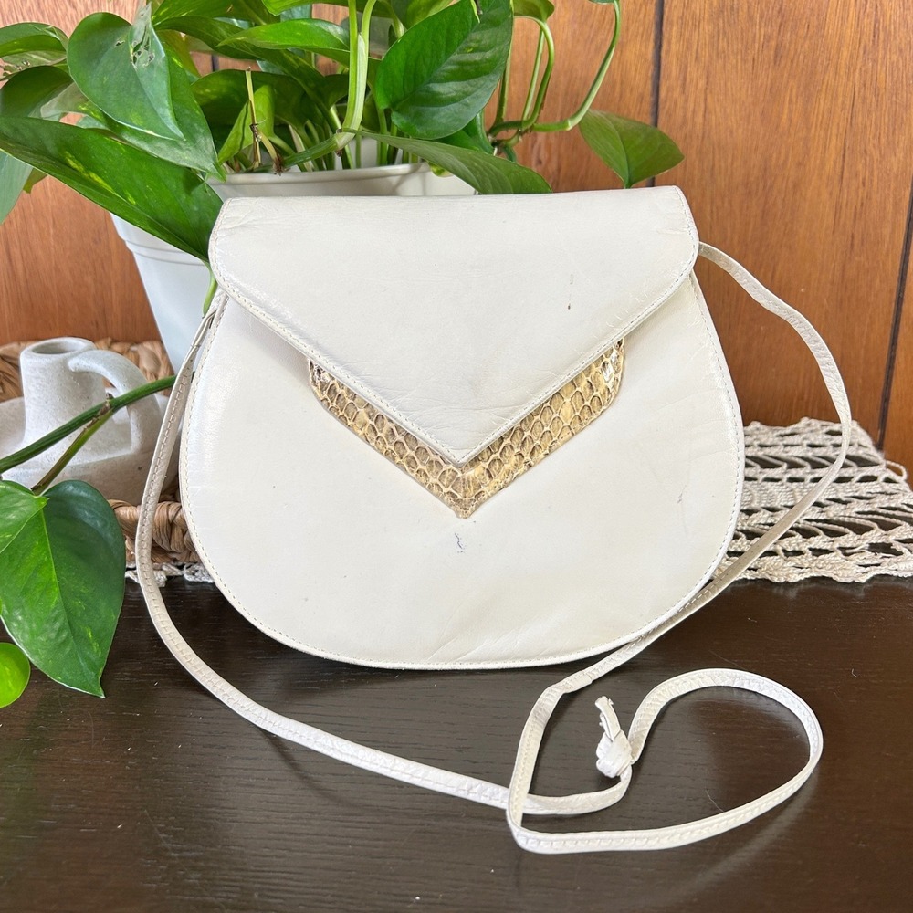 Vintage Susan Gail White Leather‎ Snakeskin V-Accent Crossbody Bag Shoulder Bag